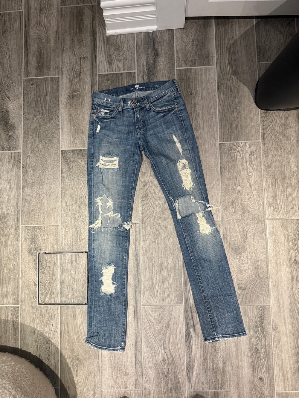 7 For All Mankind Distressed Skinny Jeans - Blue
